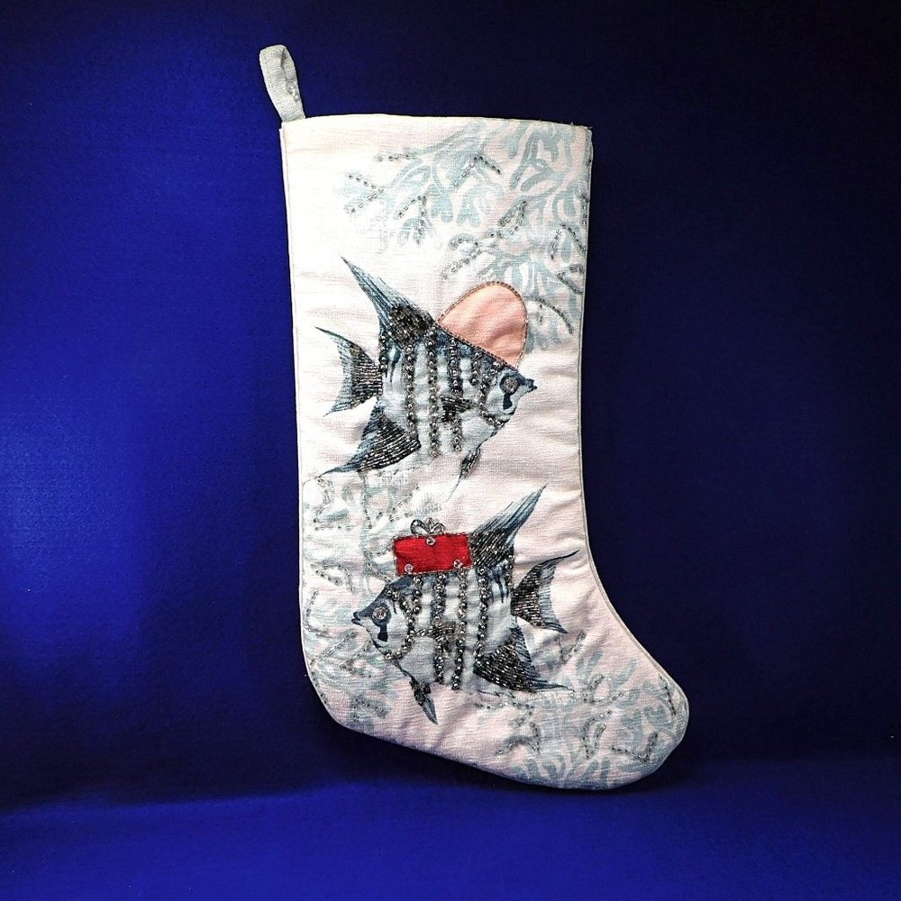 Sigrid Olsen Angel Fish Christmas Stocking Beach Decor Silver Beaded 19.5"
